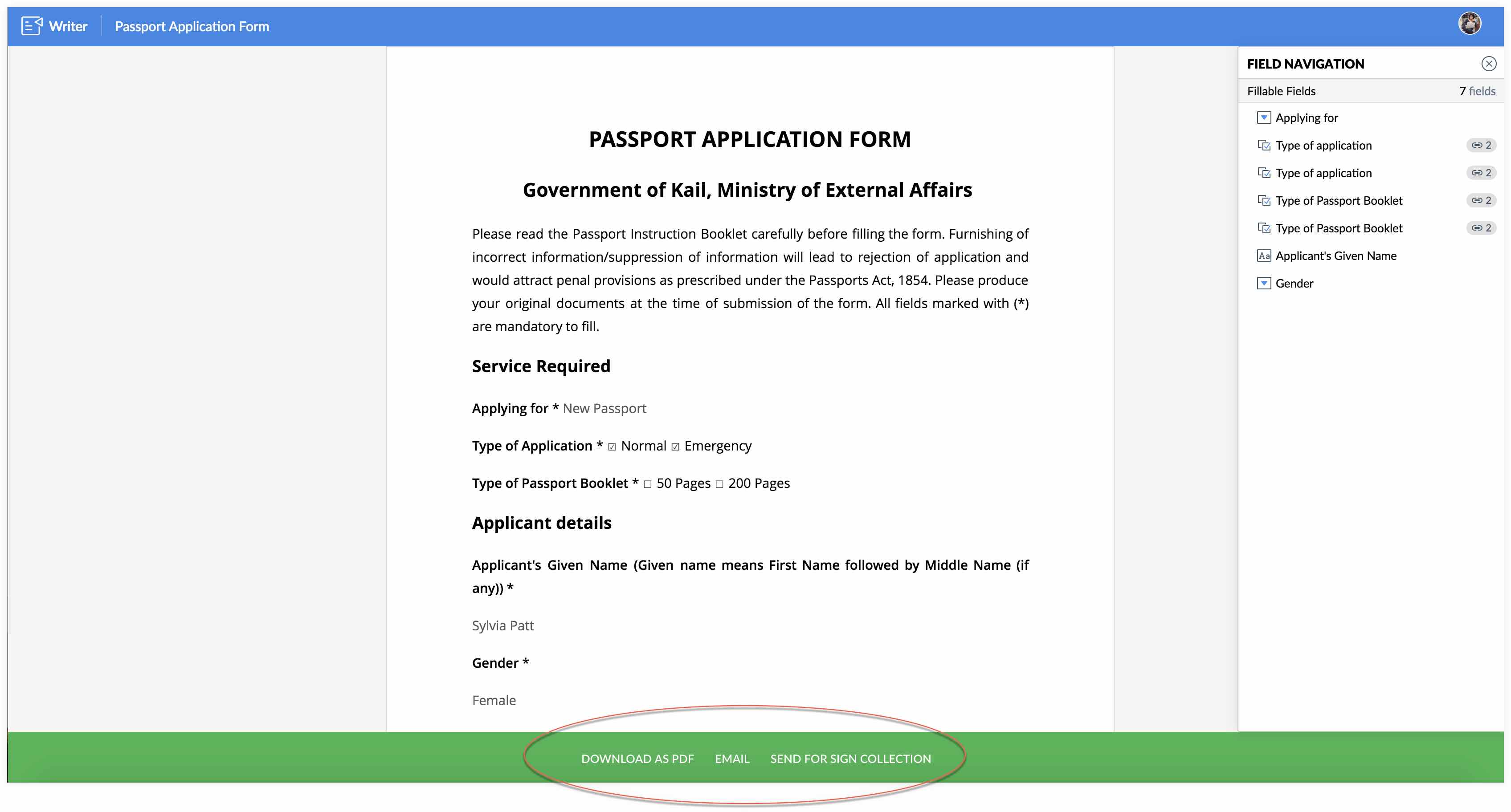How to publish document as a fillable form and enable submit form actions 