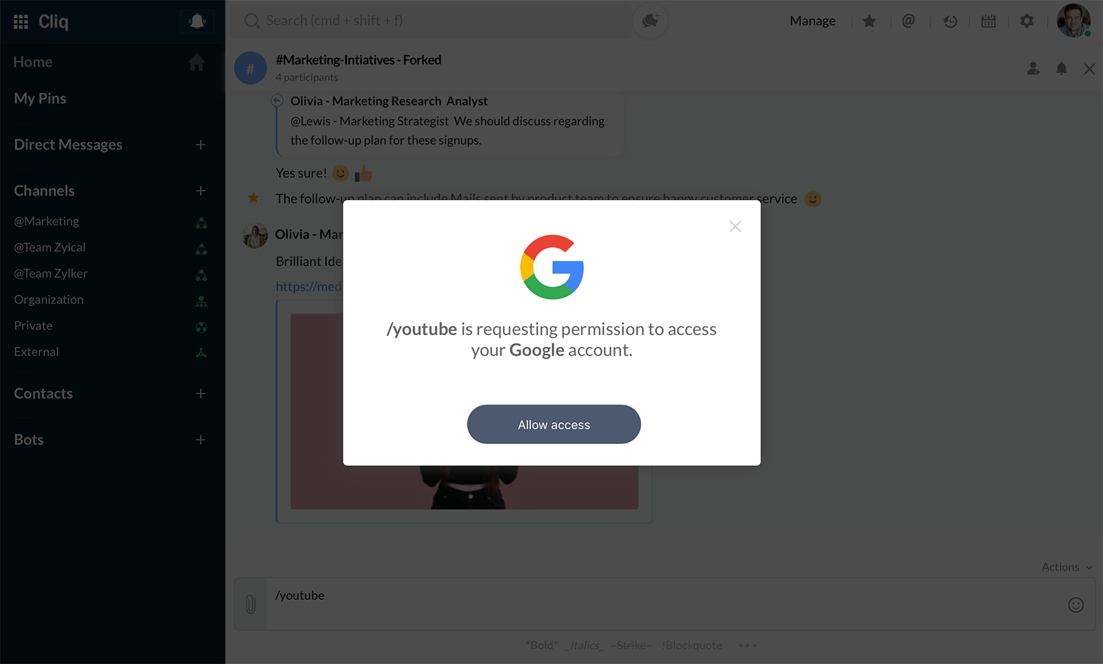 The very first time, YouTube will ask permission to access your Google account