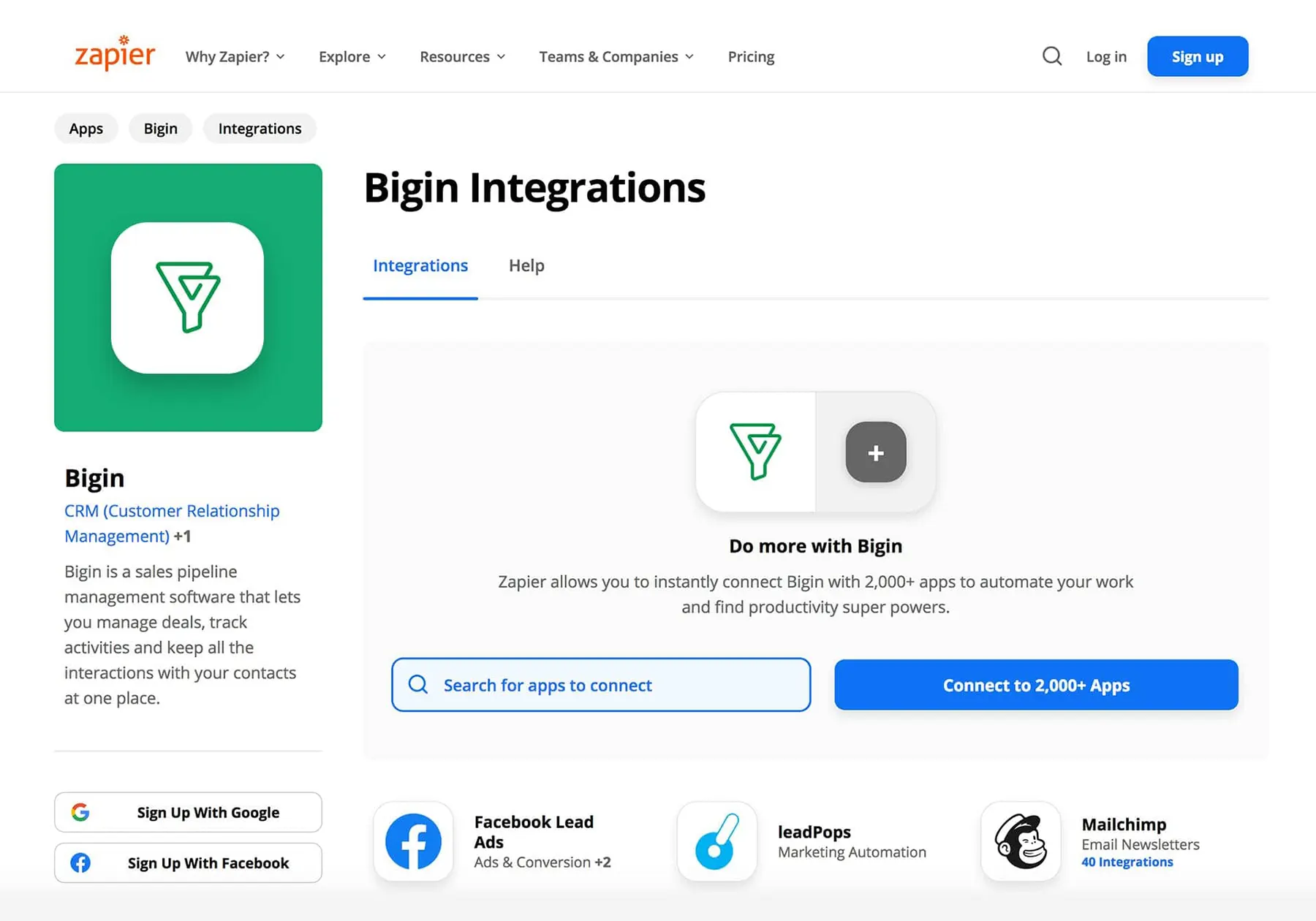 Screenshot depicting Bigin's ability to connect with two thousand other apps using Zapier–Bigin by Zoho CRM.