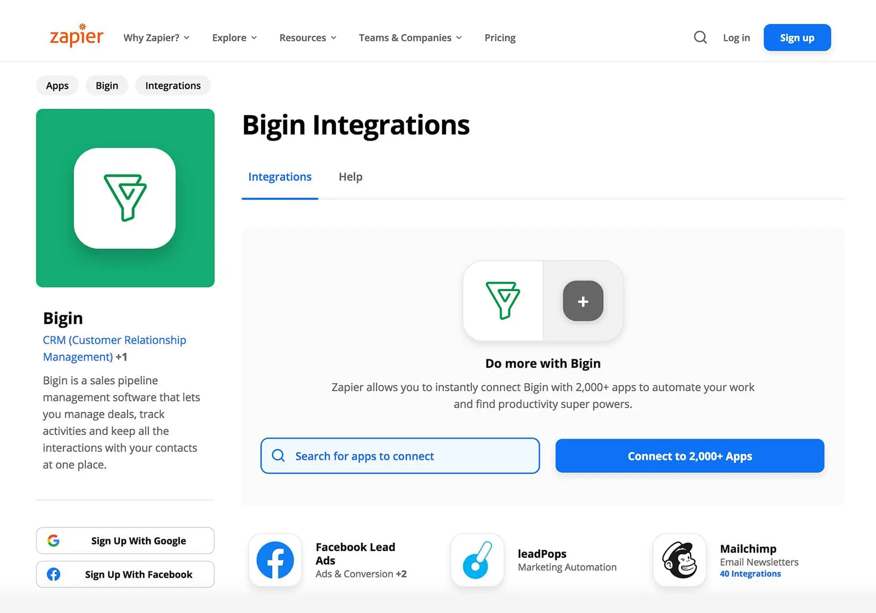 Captura de pantalla en la que se muestra la capacidad de Bigin para conectarse con otras dos mil aplicaciones mediante Zapier: Bigin by Zoho CRM.
