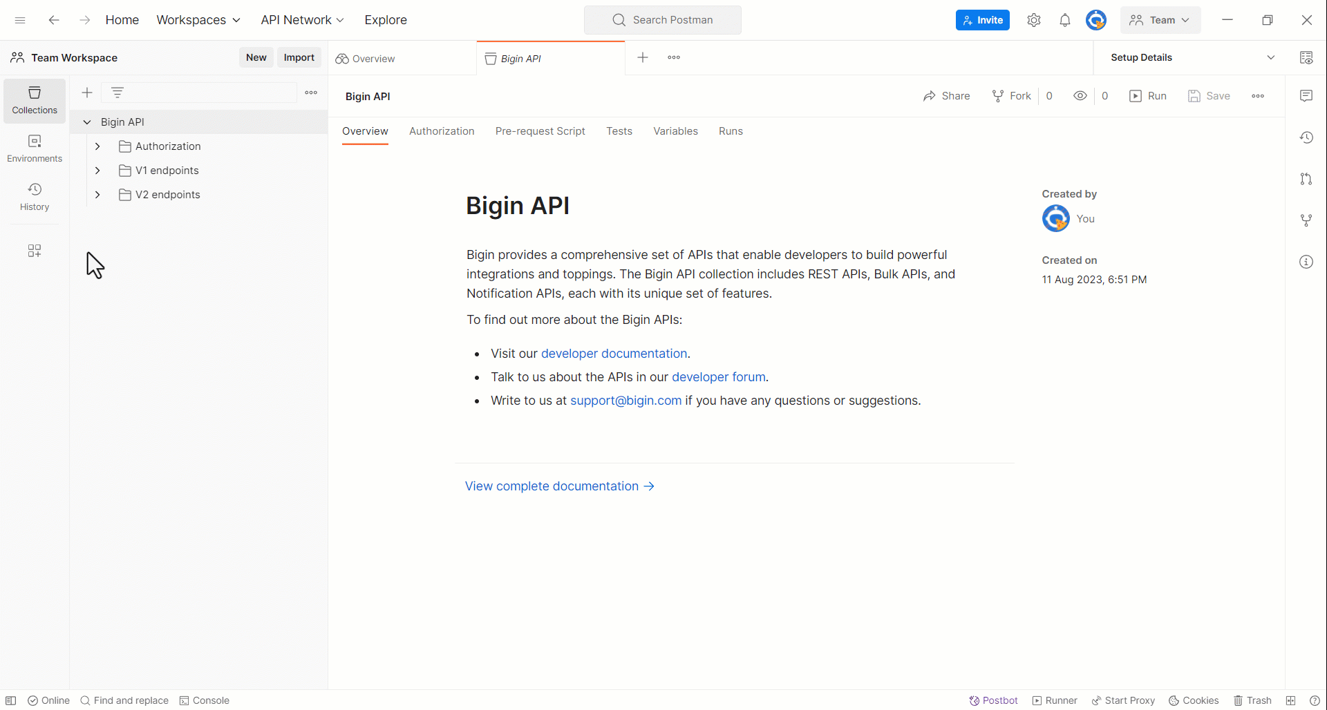 Get started with Bigin APIs in Postman | Online Help - Bigin image.