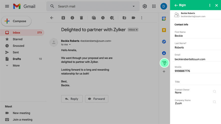 Bigin add on appearing next Gmail–Bigin by Zoho CRM.