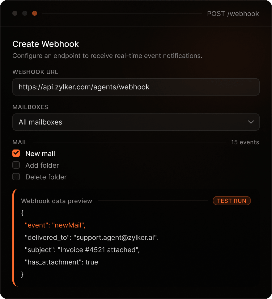zoho agentinbox webhook setup screen