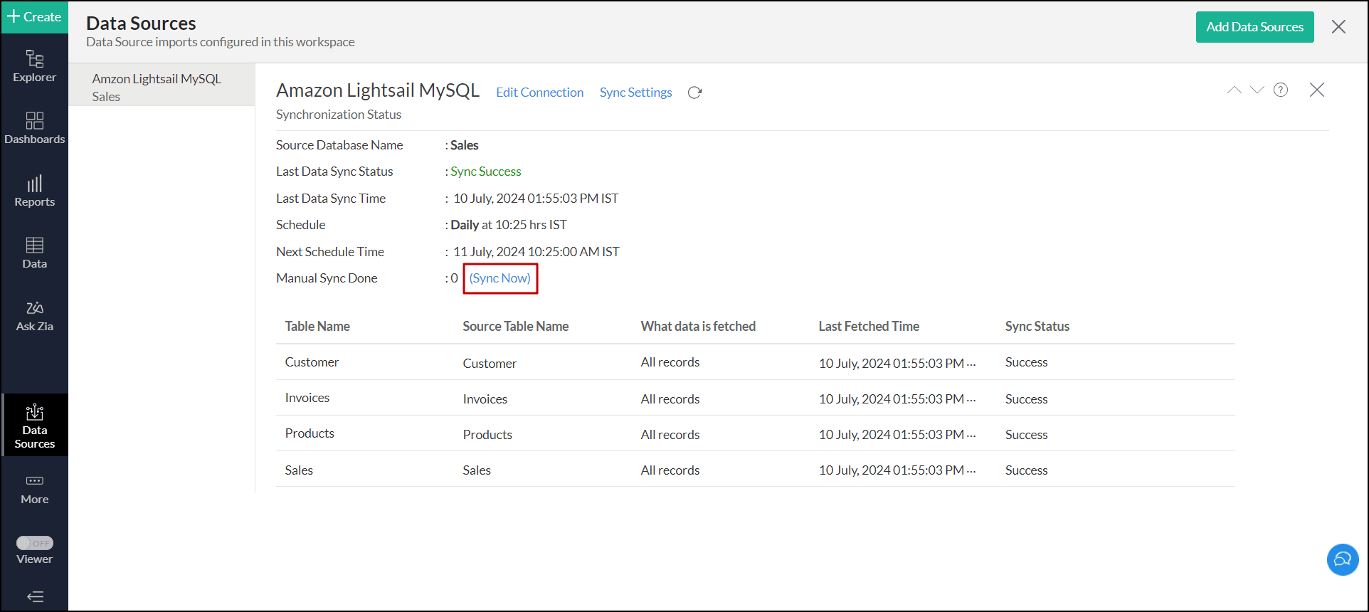 Importing data from Amazon Lightsail MySQL | Zoho Analytics On-Premise