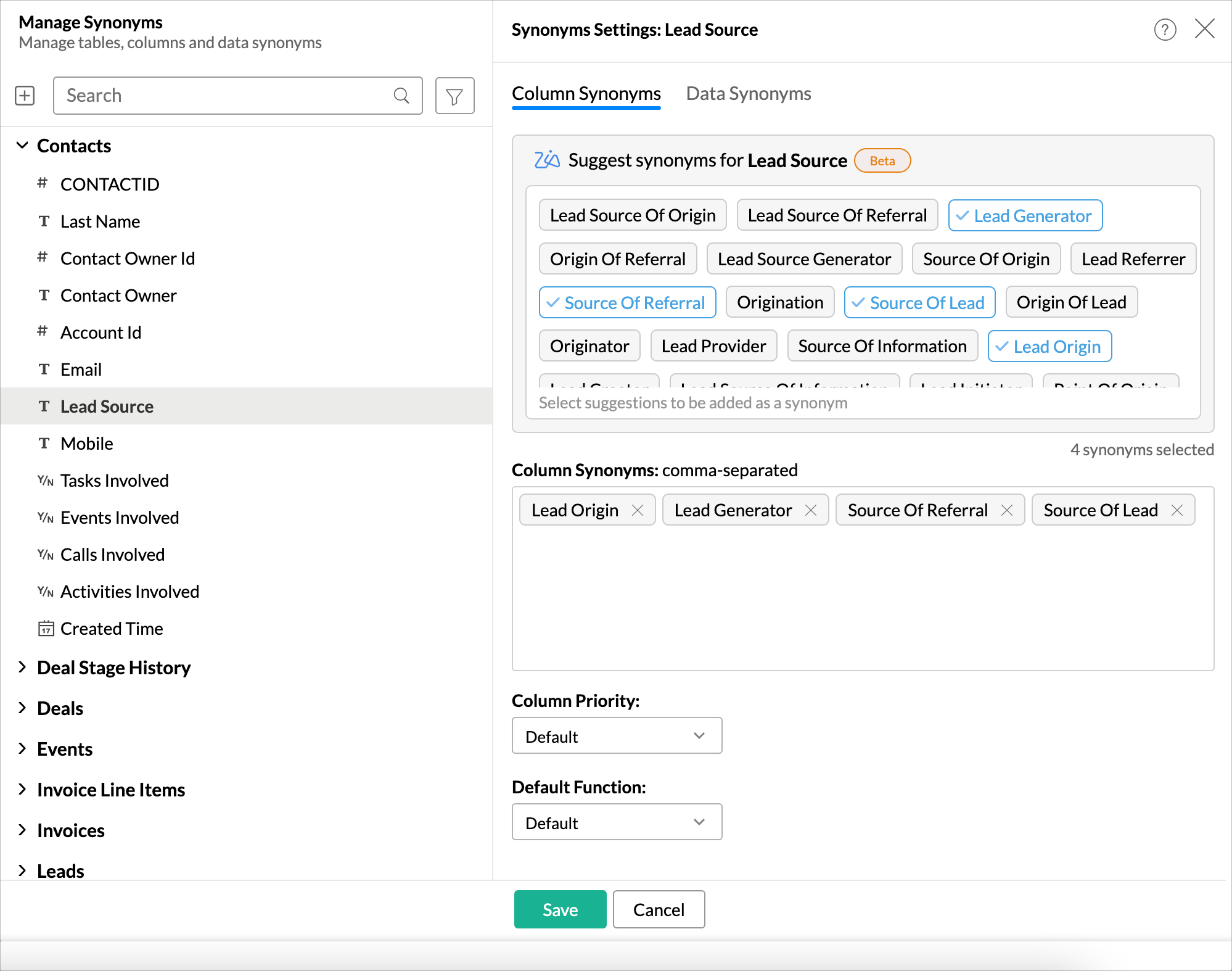 Manage synonyms in the dashboard