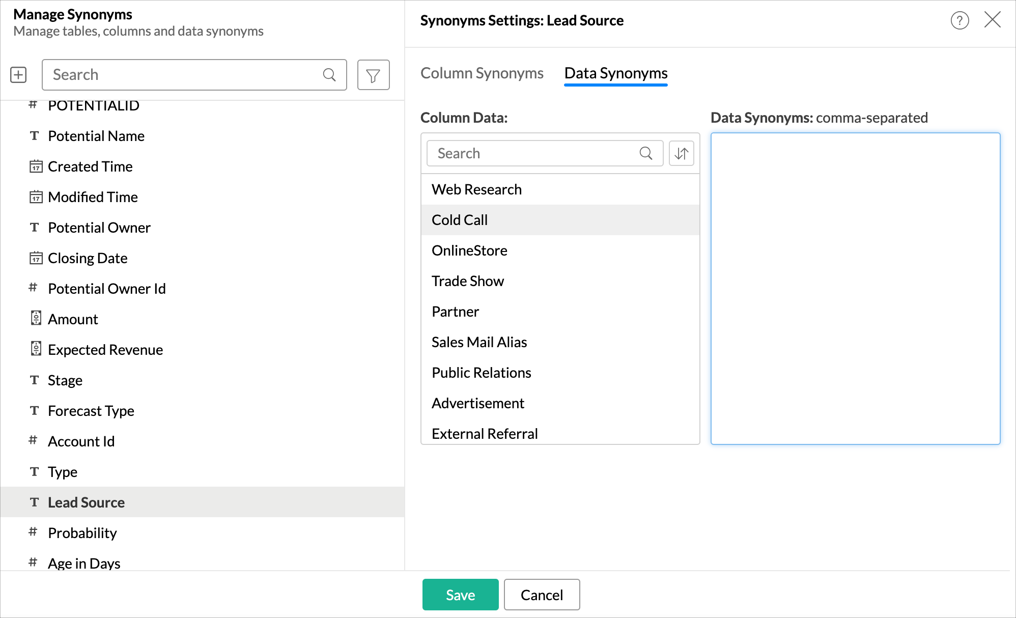 Manage synonyms in the dashboard