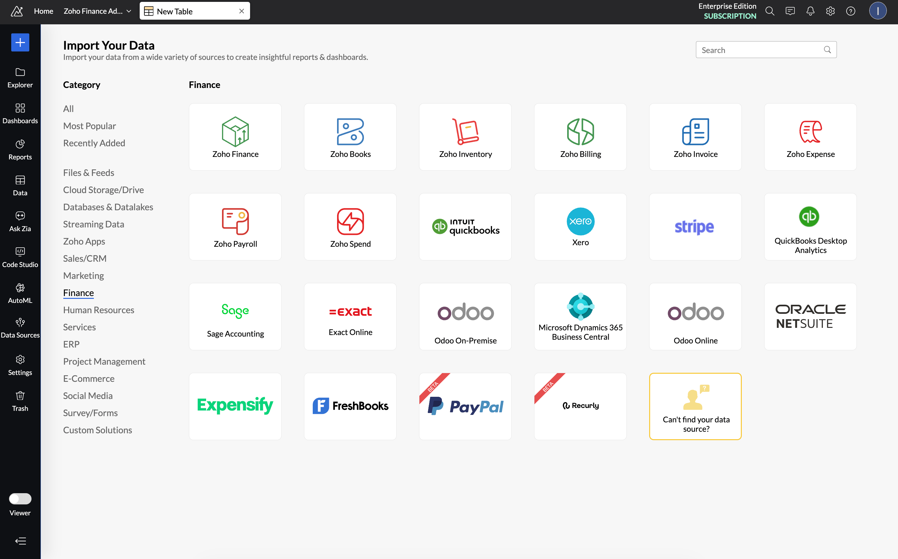 Finance data sources and integrations with Zoho Finance, QuickBooks, Xero, Stripe, and 100+ connectors