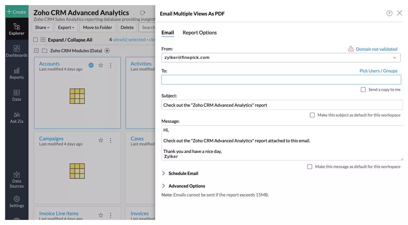 Unternehmensdashboard | Dashboardersteller | Exportieren und per E-Mail senden