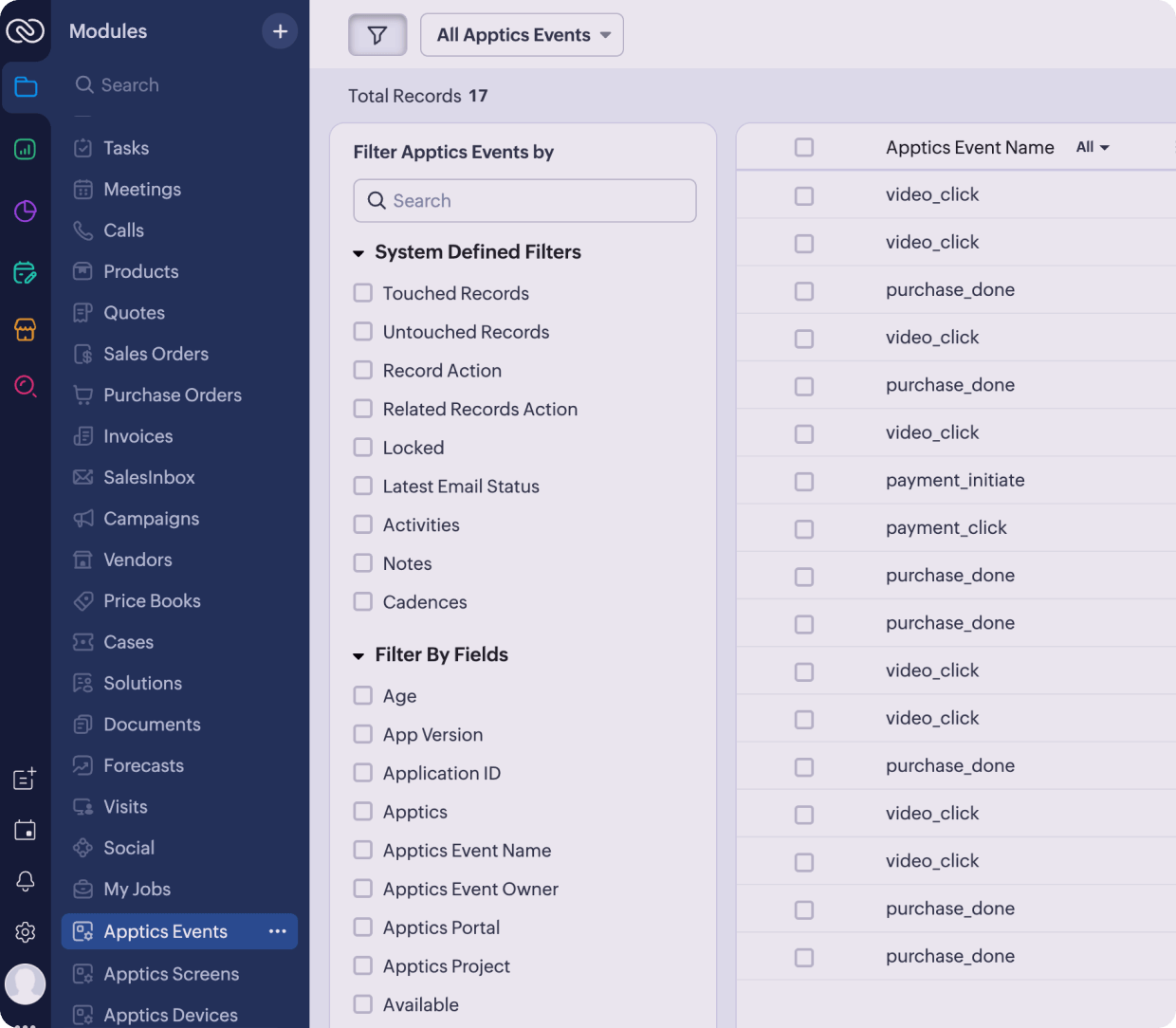 Zoho CRM integration settings for syncing event data