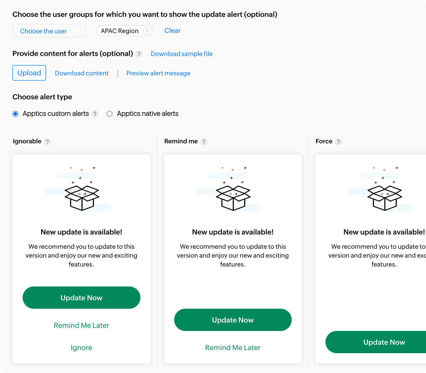 In-app update alert configuration interface