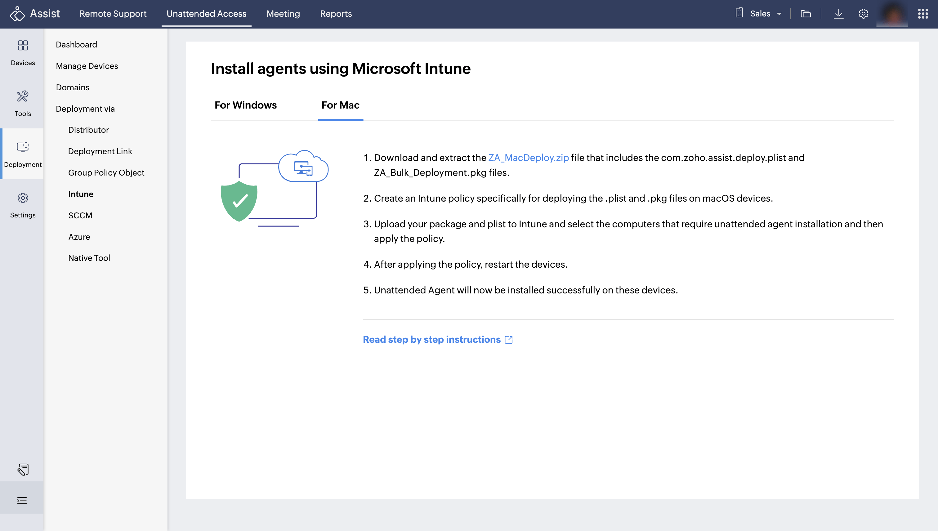 Navigate to Unattended access >Deployment >Intune. Under "For Mac" tab, deploy and extract the zip file titled "ZA_MacDeploy.zip".