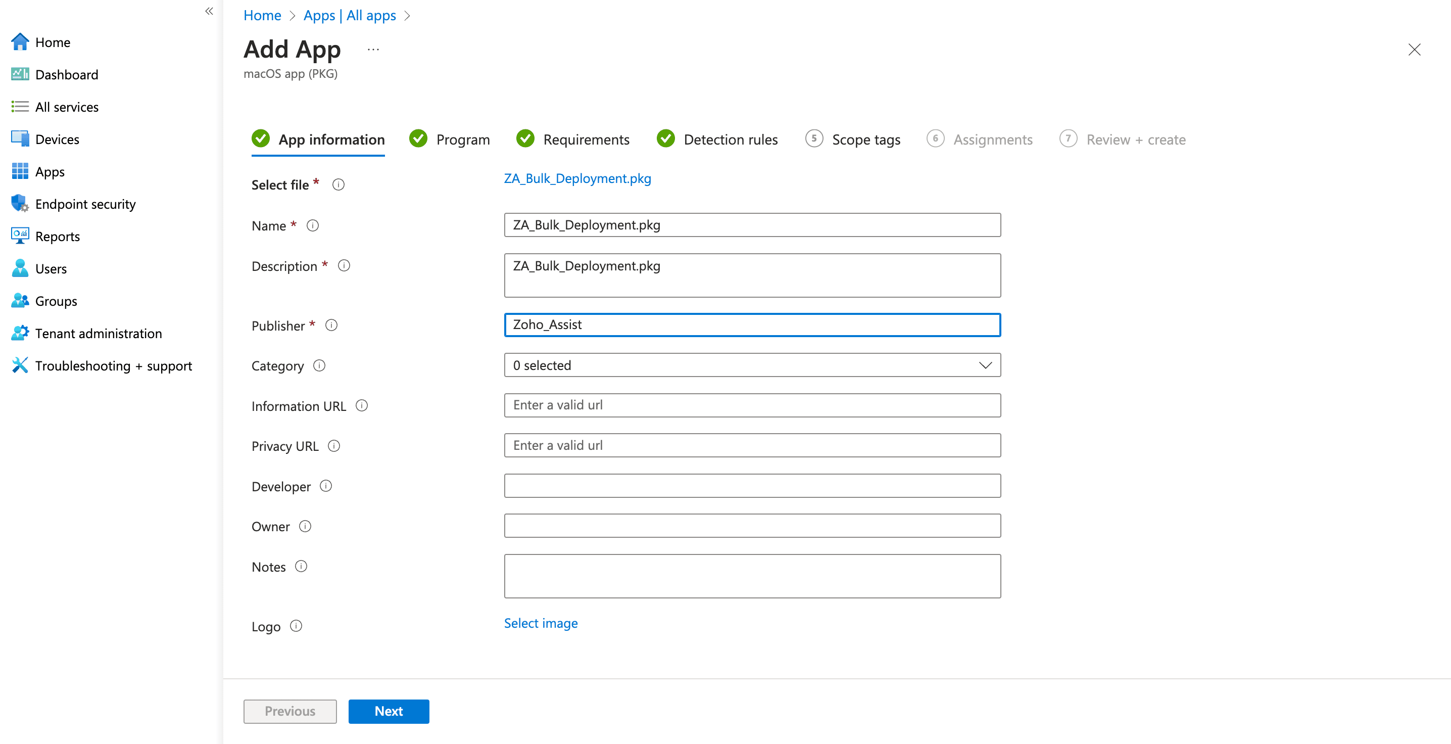 In the Intune console, navigate to Apps > All apps > Add. In the Select app type panel, under Other app types, select Line-of-business app. Under App information, update the following details: Upload: ZA_Bulk_Deployment.pkg 