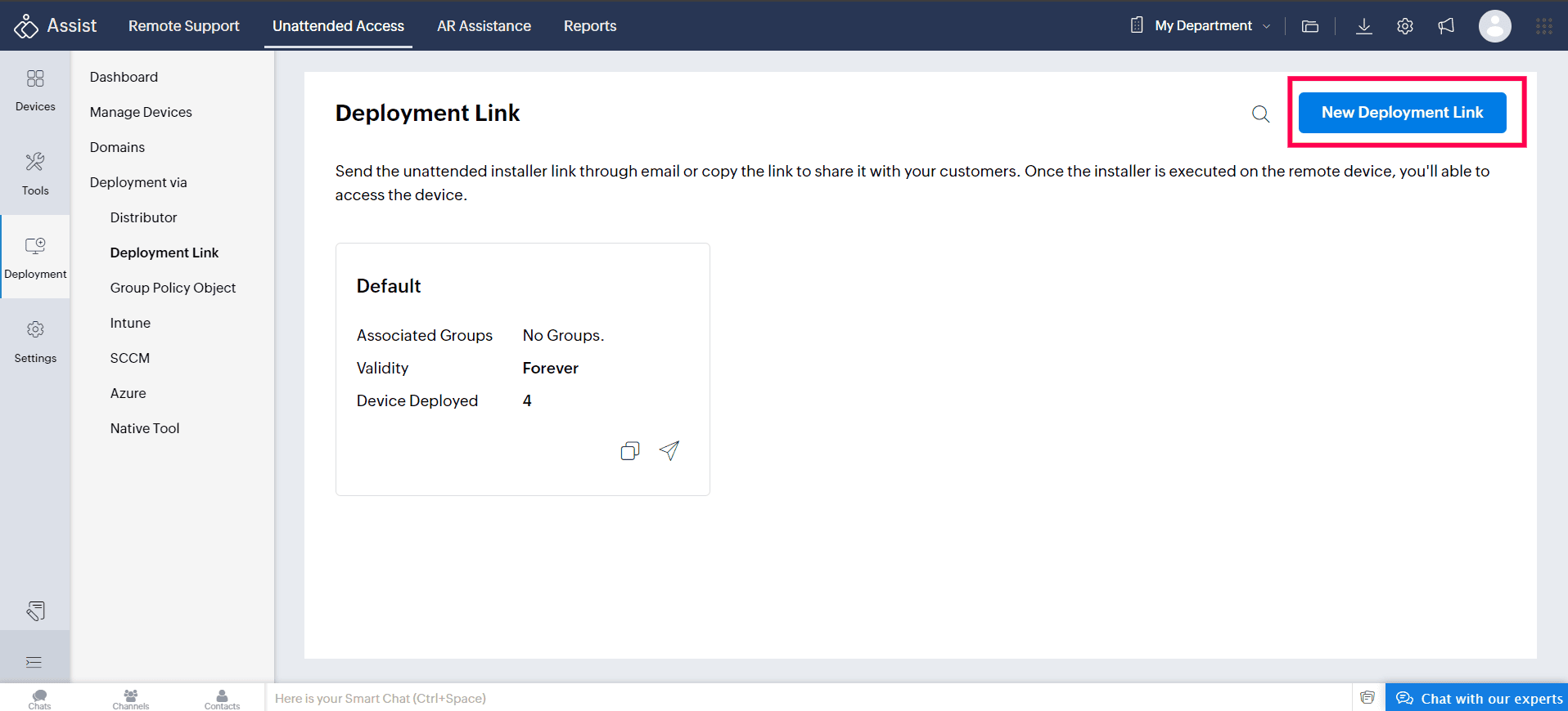 Click on New Deployment Link to start configuring a new deployment link