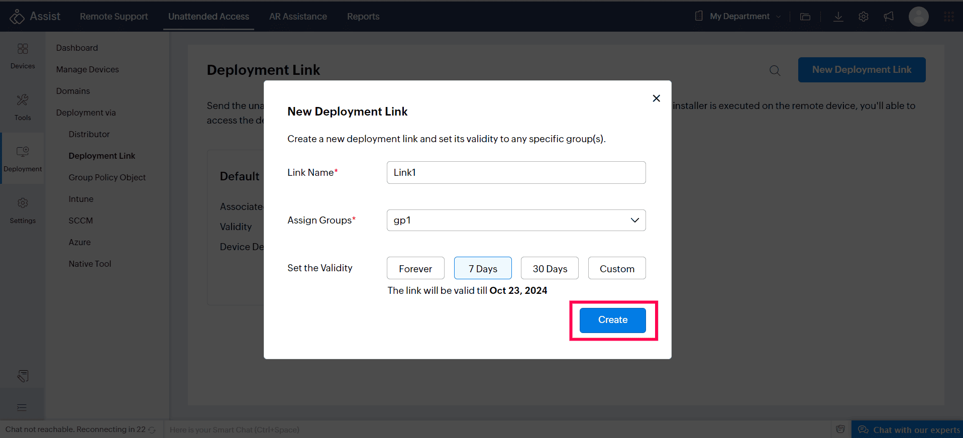 To generate the deployment link after entering the details, click Create