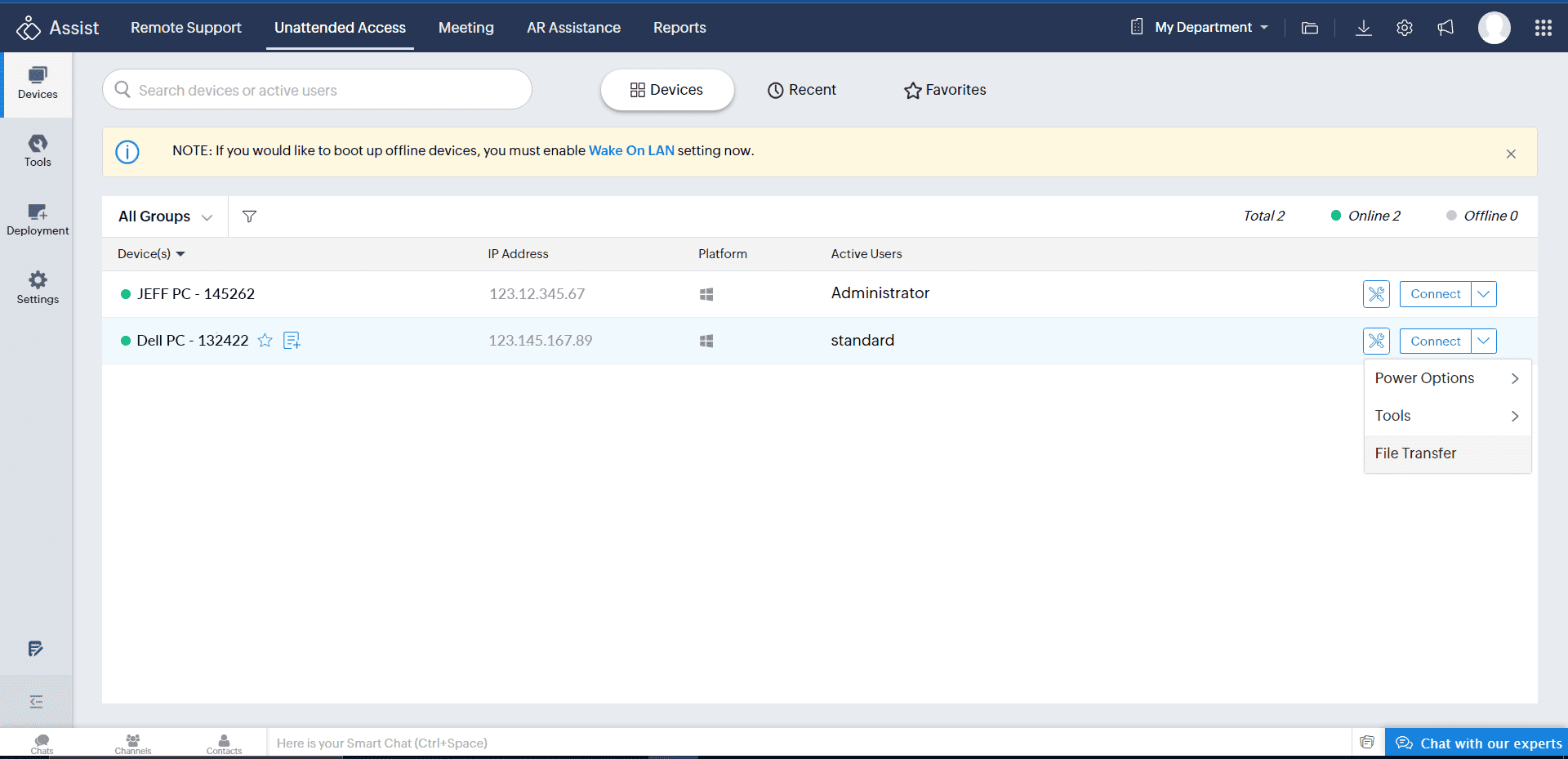 File transfer option in menu