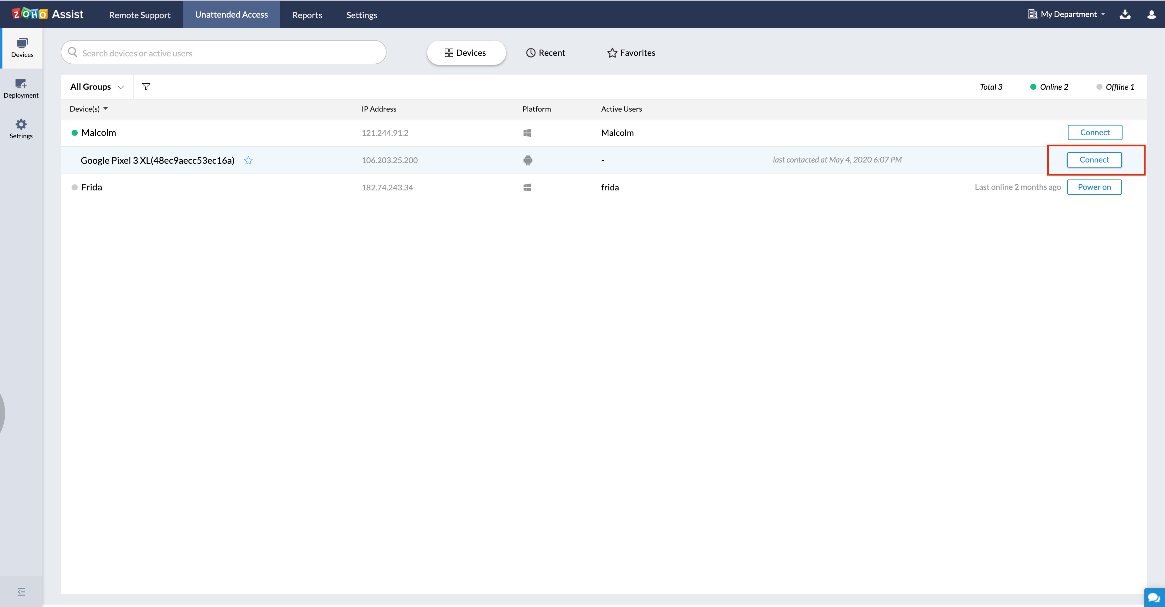 Once configured, the devices are listed under Unattended access. Click Connect beside the device to initiate a unattended access session 