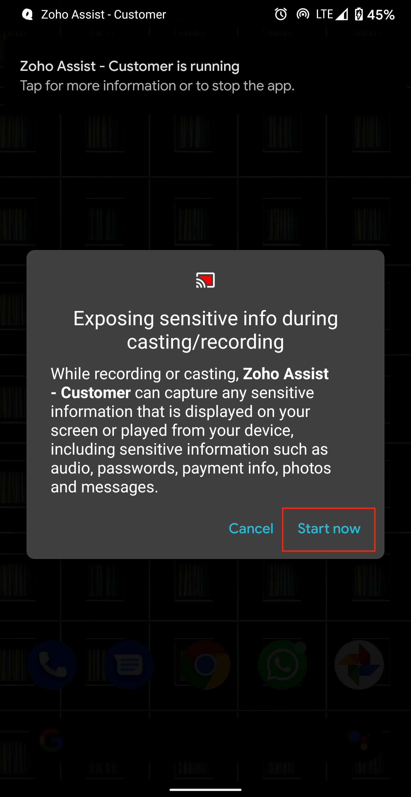 The Session Confirmation prompt enabled by technician for the customer to grant access before the start of an Unattended Access session 