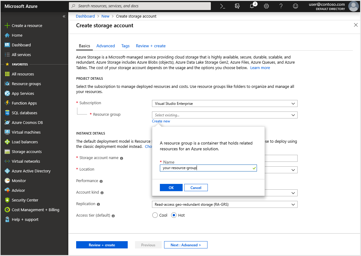 To create a new Resource group, go to the dashboard > New and then click create a storage account. Name the new resource group to proceed further
