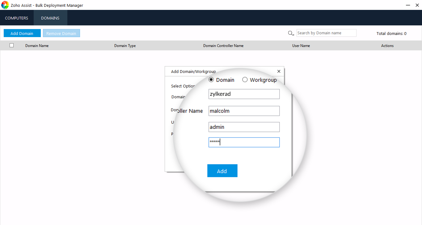 Select the option Domain or Workgroup and enter the necessary fields and click Add.