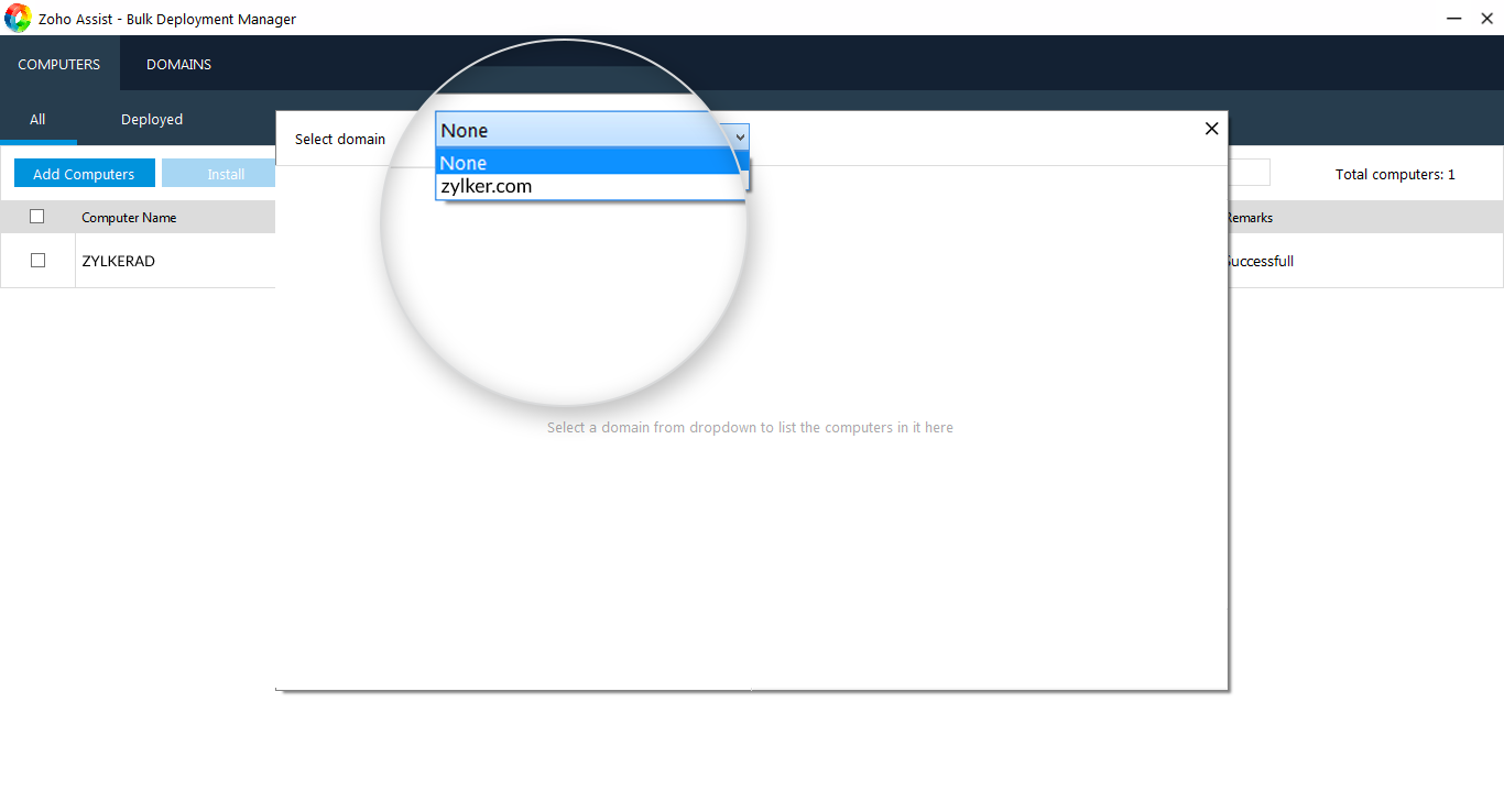 Select a Domain from the drop menu to list the computers.