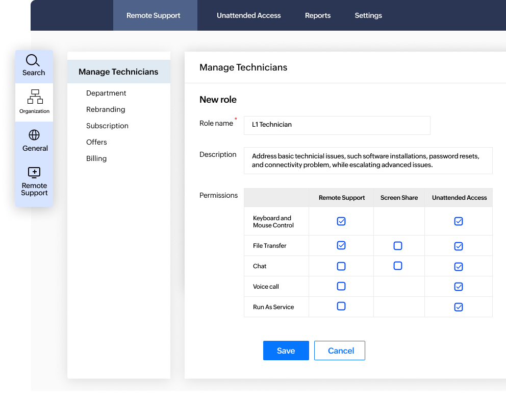 Zoho Assist simplifies role assignments by offering standard roles like Super Admin, Admin, and Technician, or customizable roles tailored to your team’s needs