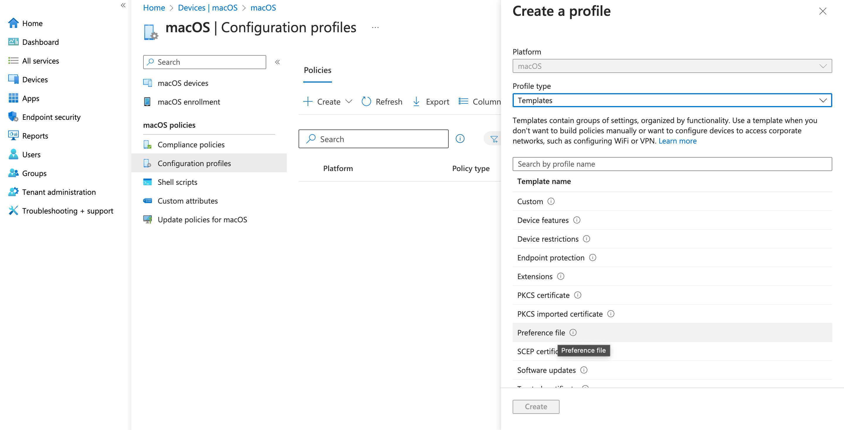In the Intune console, Select Devices > Configuration profiles > Create profile. Specify the properties such as, Platform: Select macOS Profile: Select Templates > Preference file. Click Create.