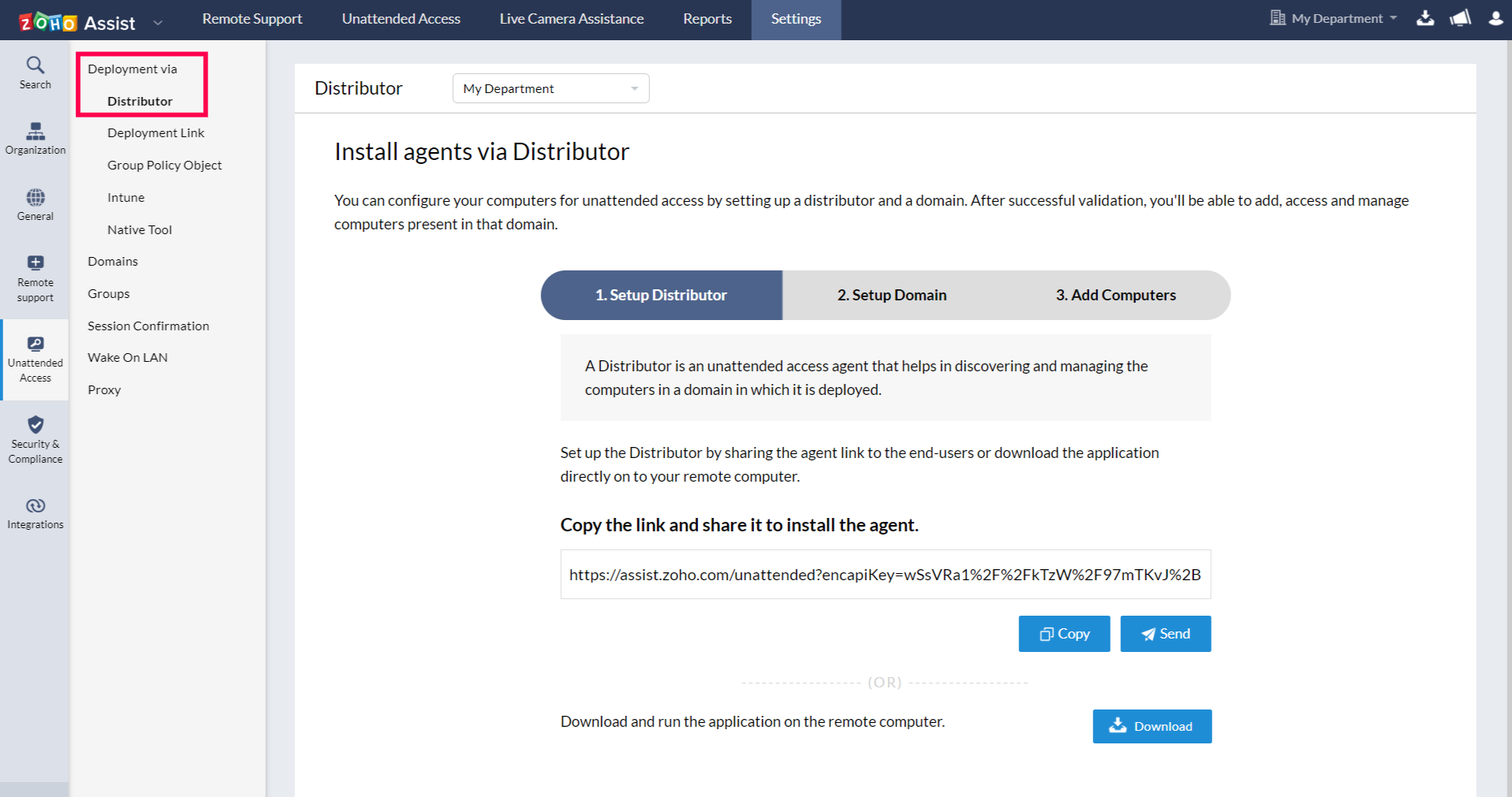 Navigate to Settings > Unattended Access > Deployment > Distributor, where you can setup distributor, setup domain and add computers