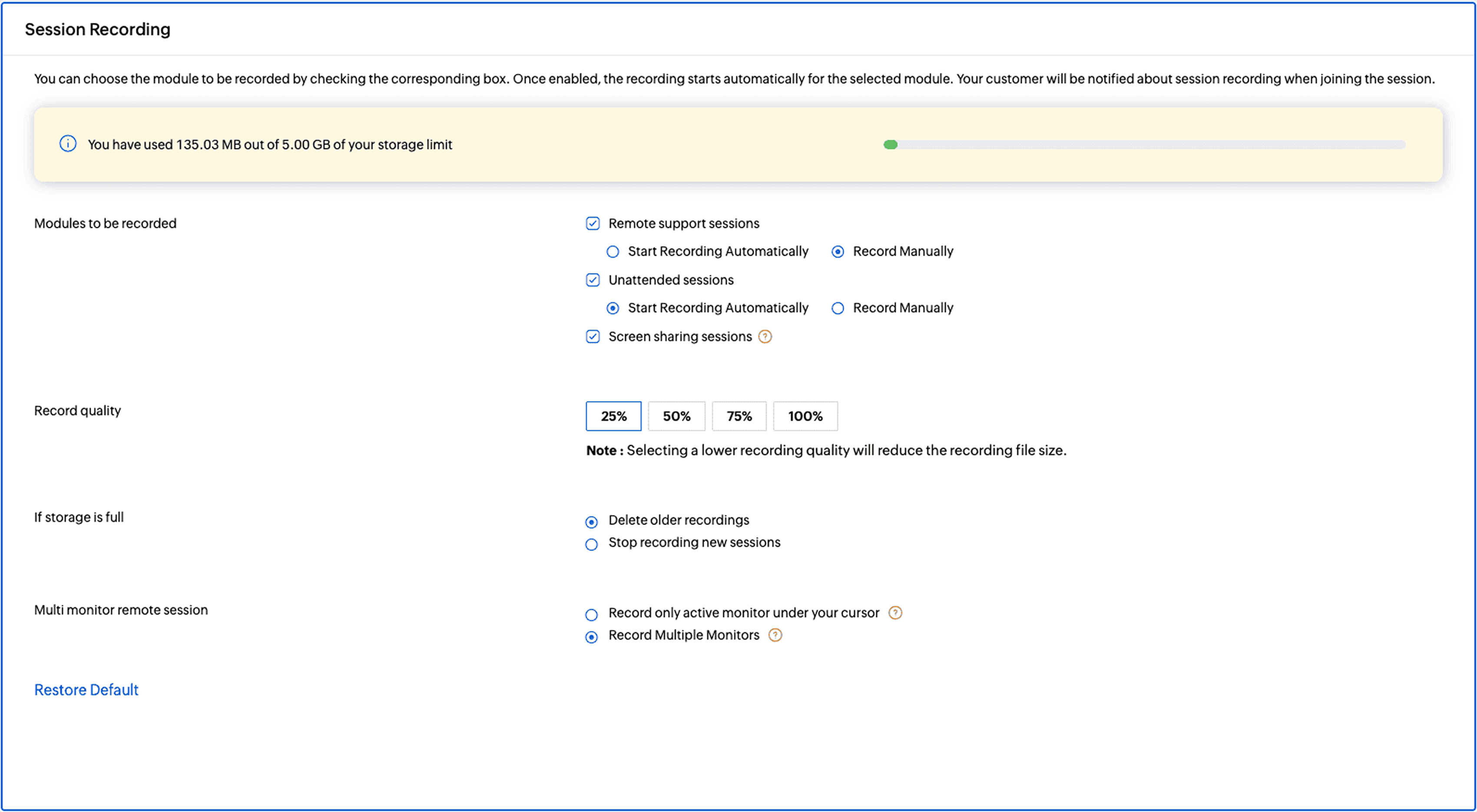 Session recording settings page