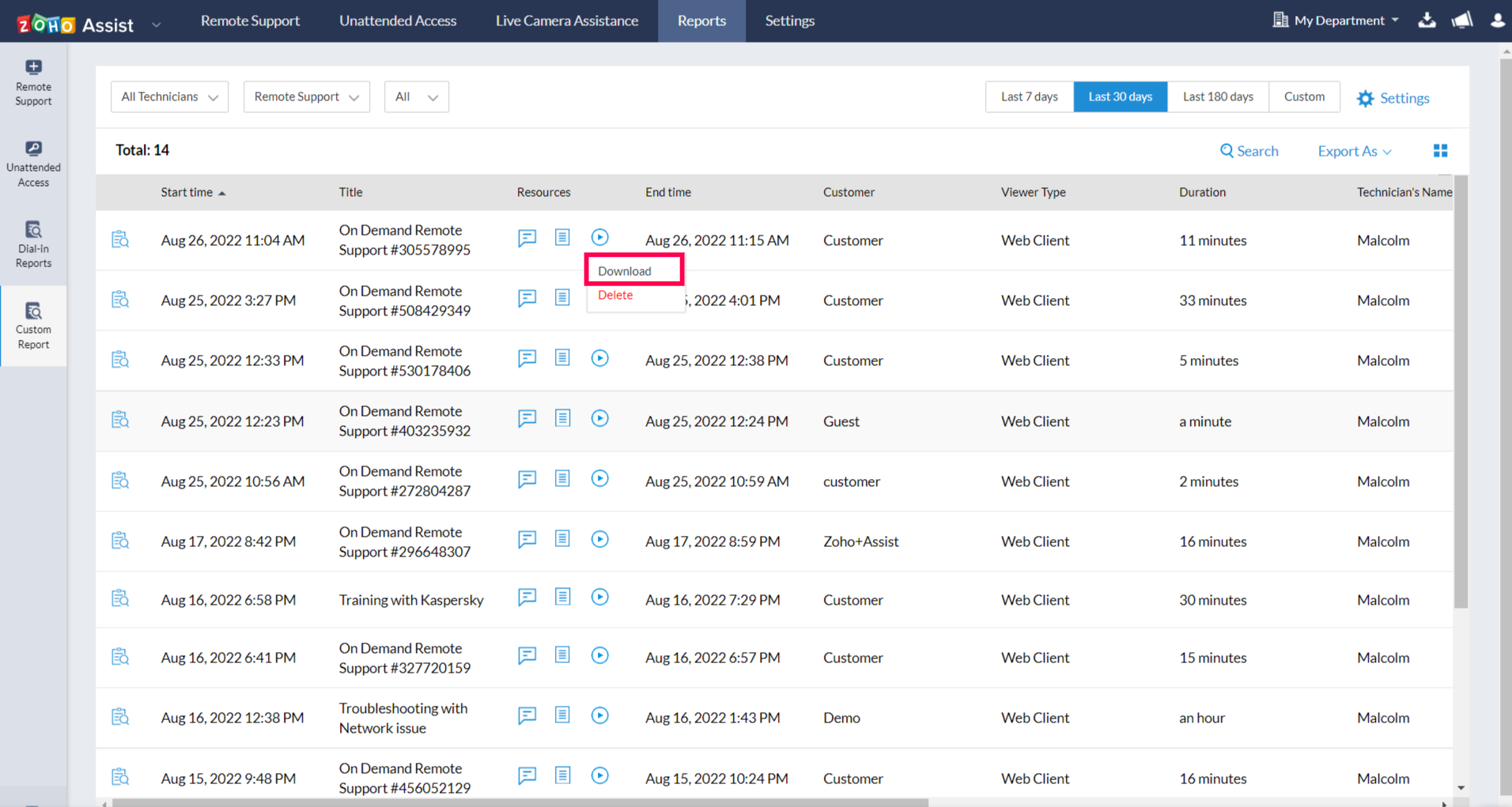Select 'Download' to download the recorded video of that session.