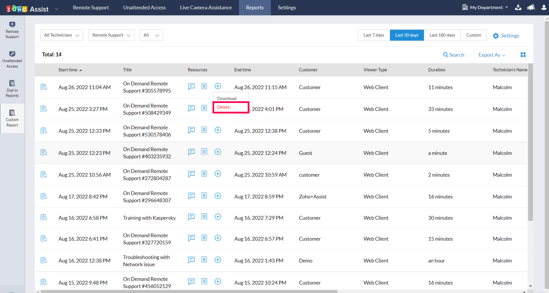 Select 'Delete' to delete the recorded video of that particular session.