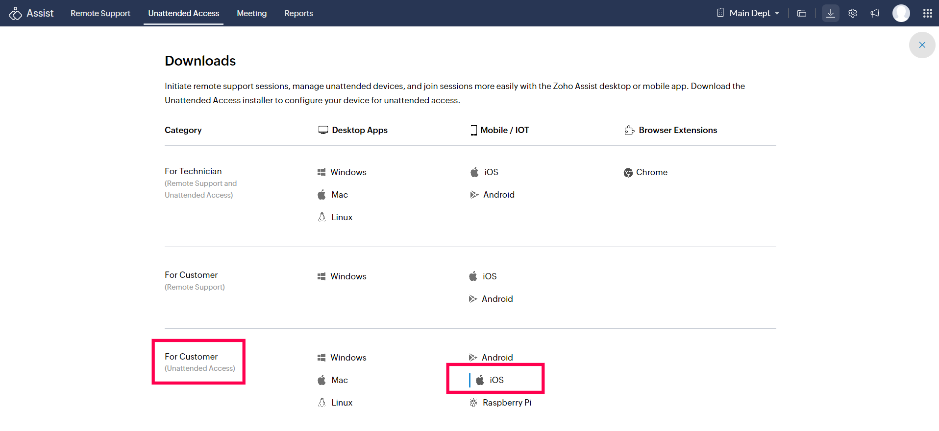 Among existing categories, choose iOS under Unattended access installer for Customers