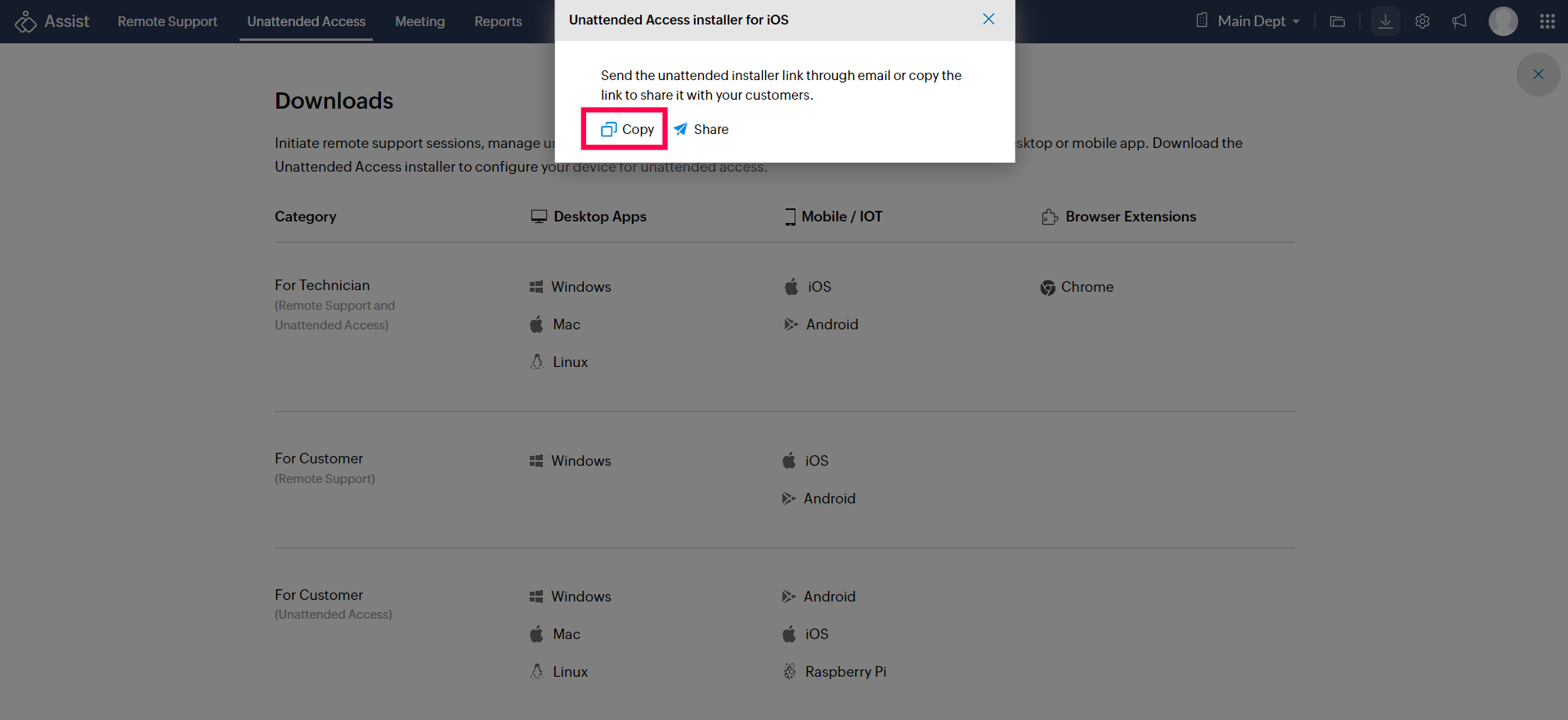 You can either copy the installer link or share the link via email by clicking the respective options
