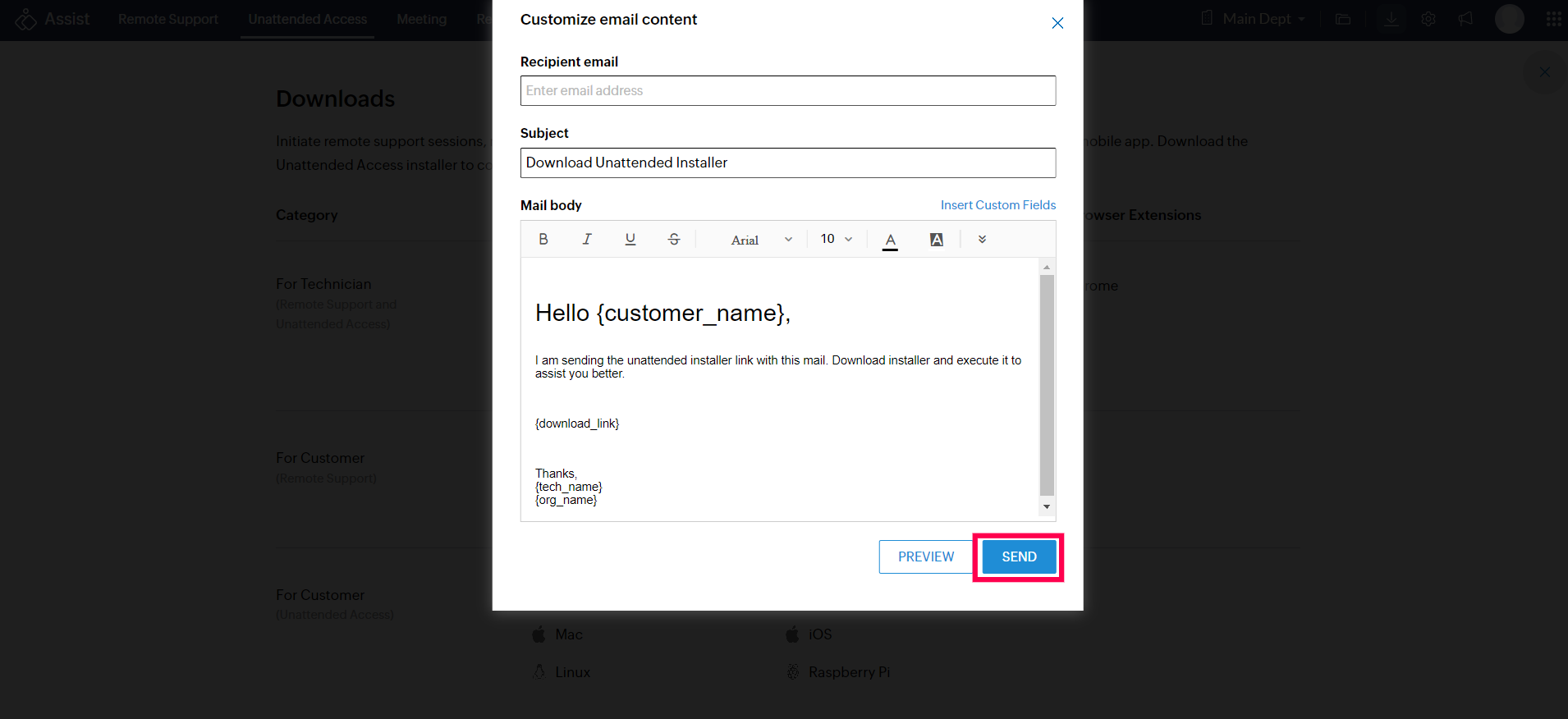 An existing email template with the installer link will be sent to the customer upon entering the recipients email address and clicking SEND.