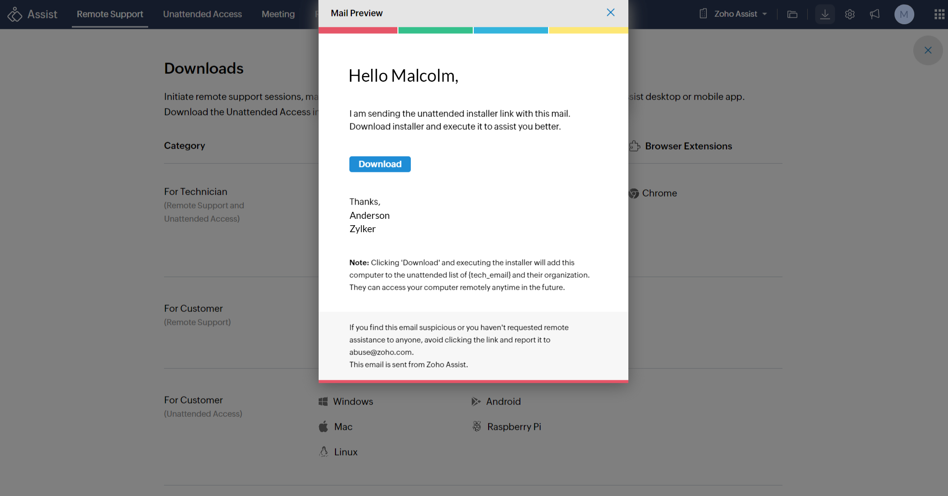 Preview of the mail template with unattended installer link
