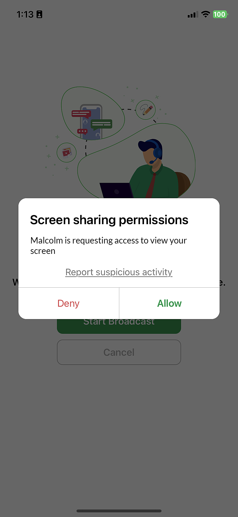 The Session Confirmation prompt enabled by technician for the customer to grant access before the start of an Unattended Access session 