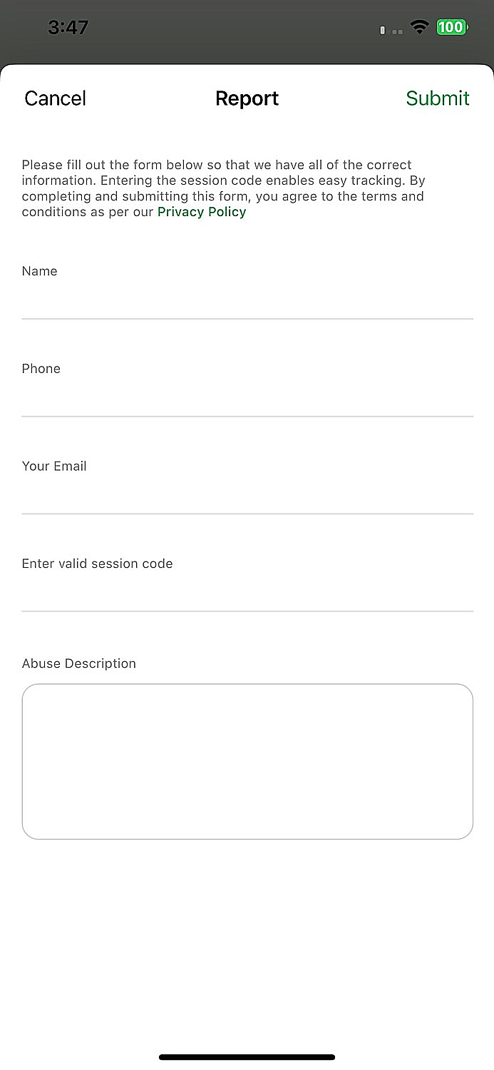Report form to enter your details to report a suspicious activity during the unattended access session