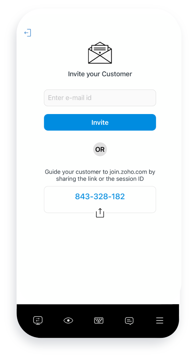 Zoho Assist mobile interface for inviting a customer with session details.