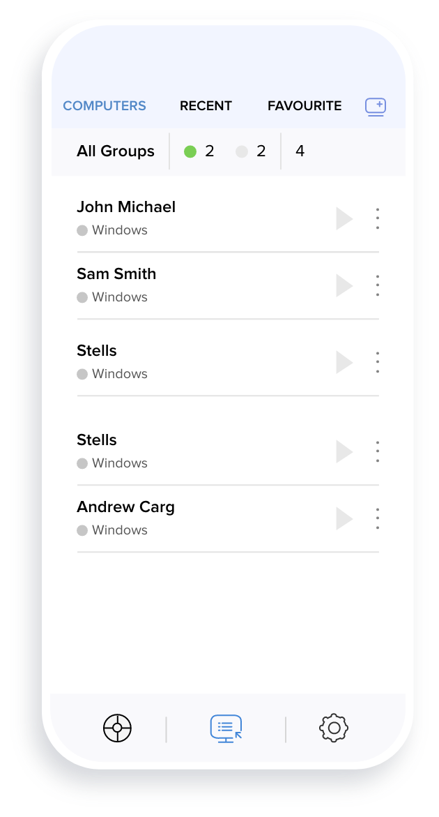 Zoho Assist mobile interface showing a list of remote computers with a search bar.