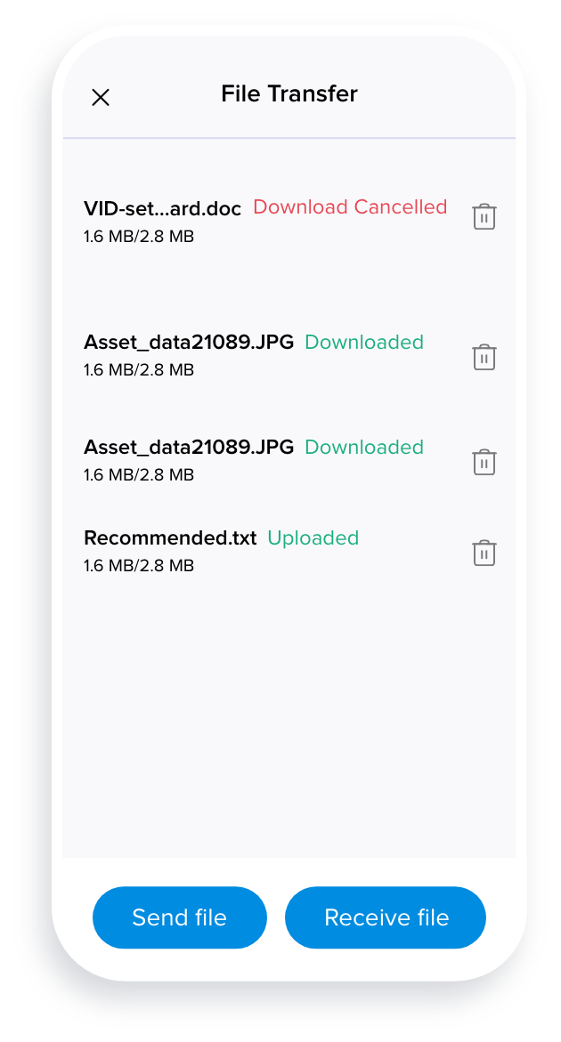 Mobile file transfer interface showing upload progress and downloaded files.