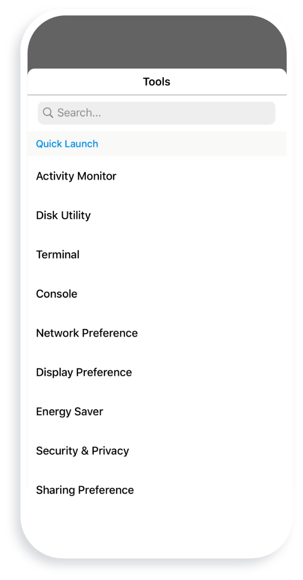 Mobile interface displaying system tools and quick access menu.