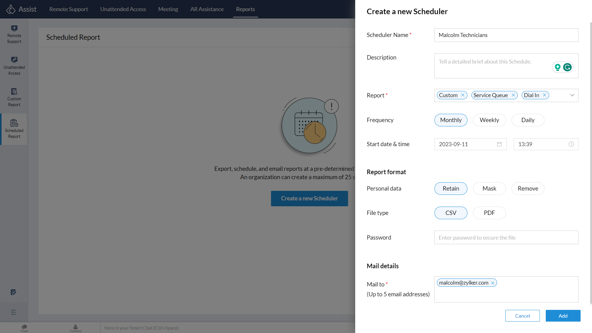 Enter email addresses for reports