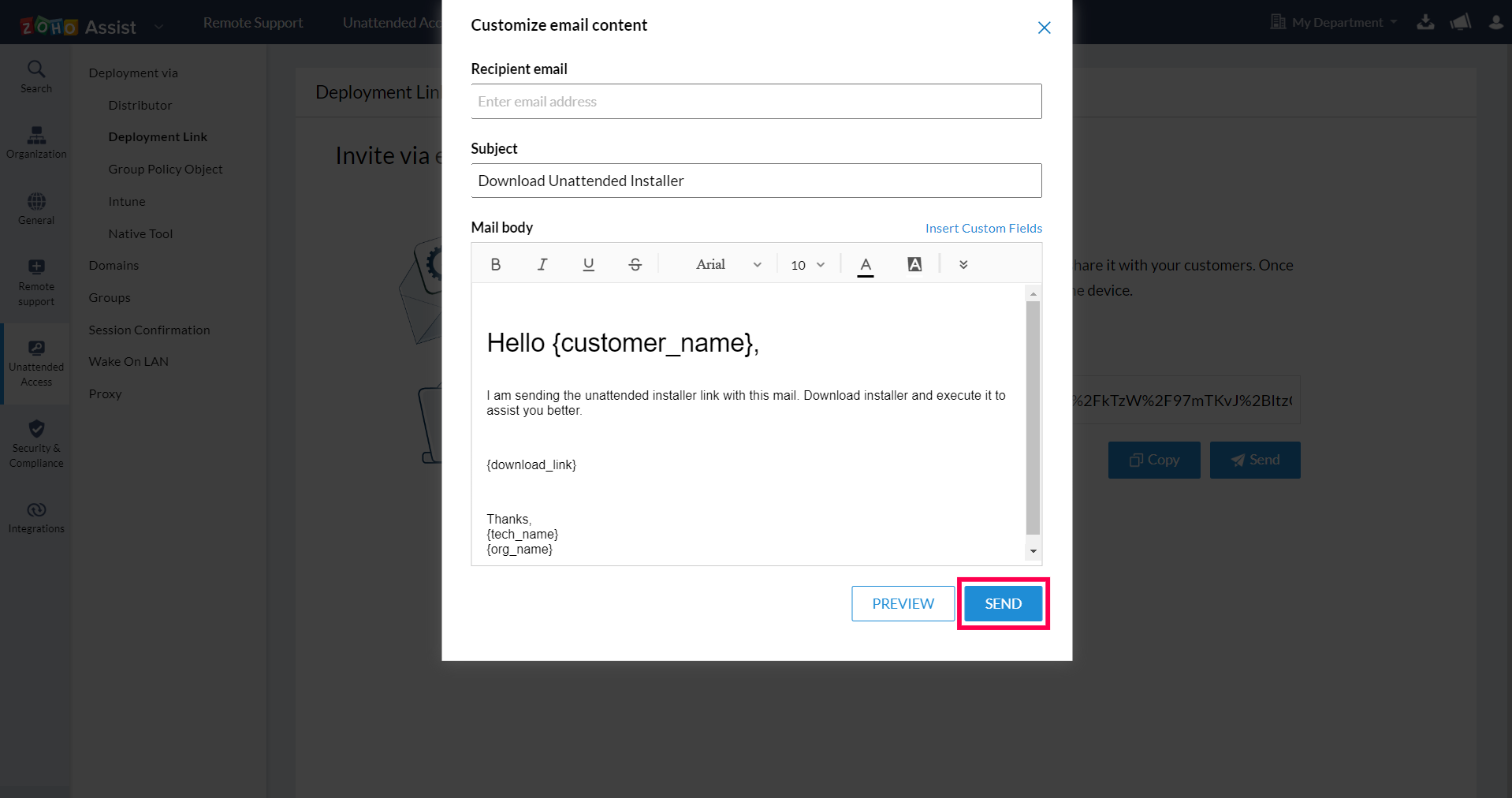 To share the deployment link, click SEND to email the installer link with customized content.