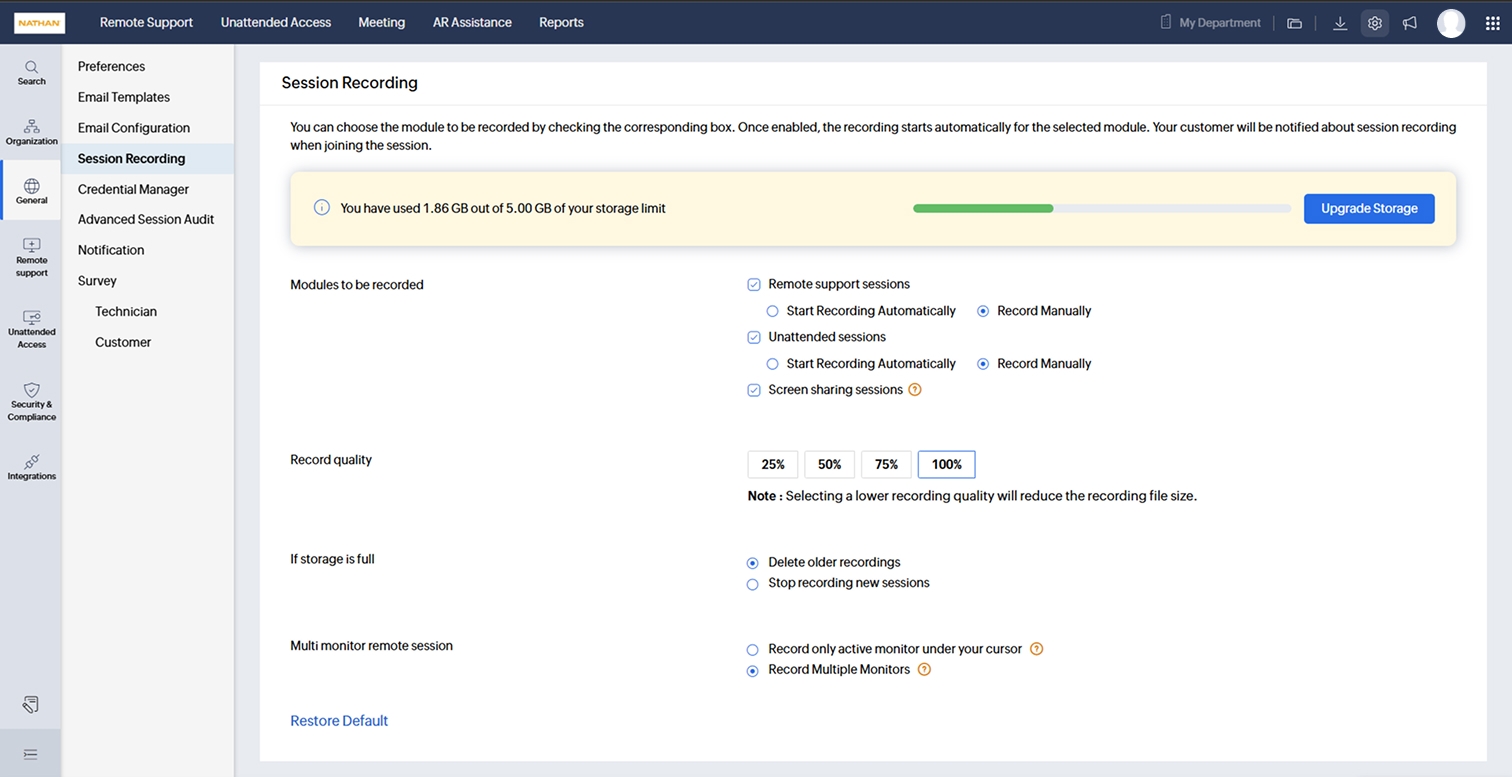 Session recording settings page