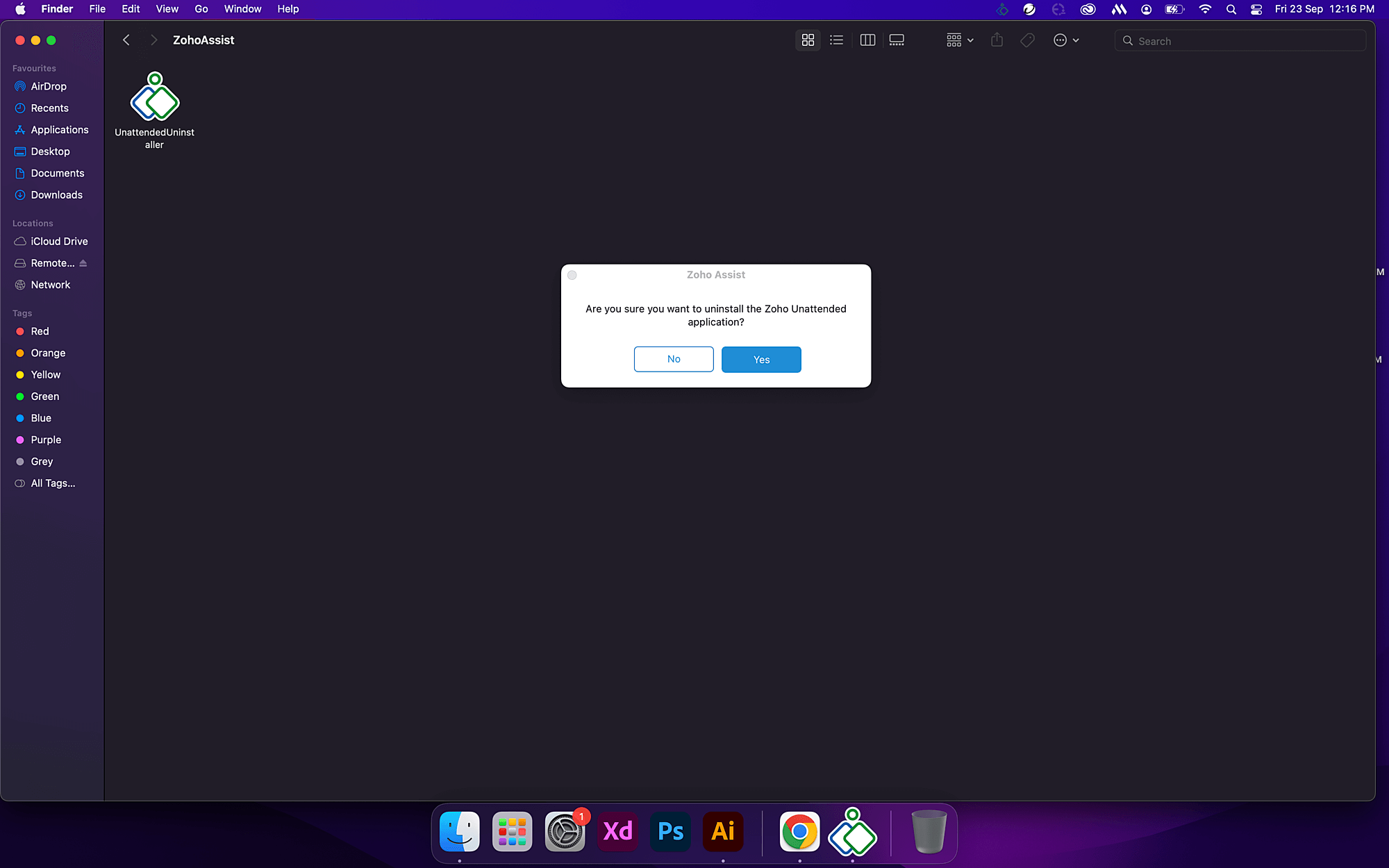 A confirmation prompt dialog while attempting to uninstall the Zoho Assist Unattended agent on MacOs device.