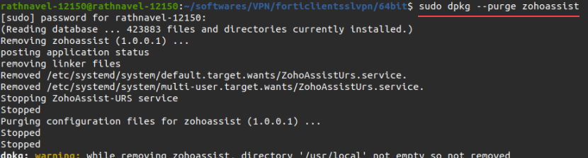 Command prompt window with a command to uninstall the Zoho Assist Unattended agent on Linux OS device