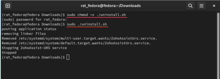 Command prompt window with a command to uninstall the Zoho Assist Unattended agent installed on other distros
