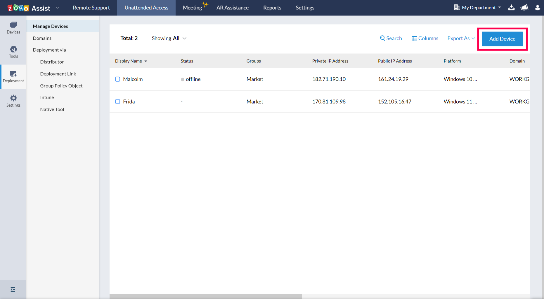 Navigate to the Unattended Access, select Deployment and click Add Device.