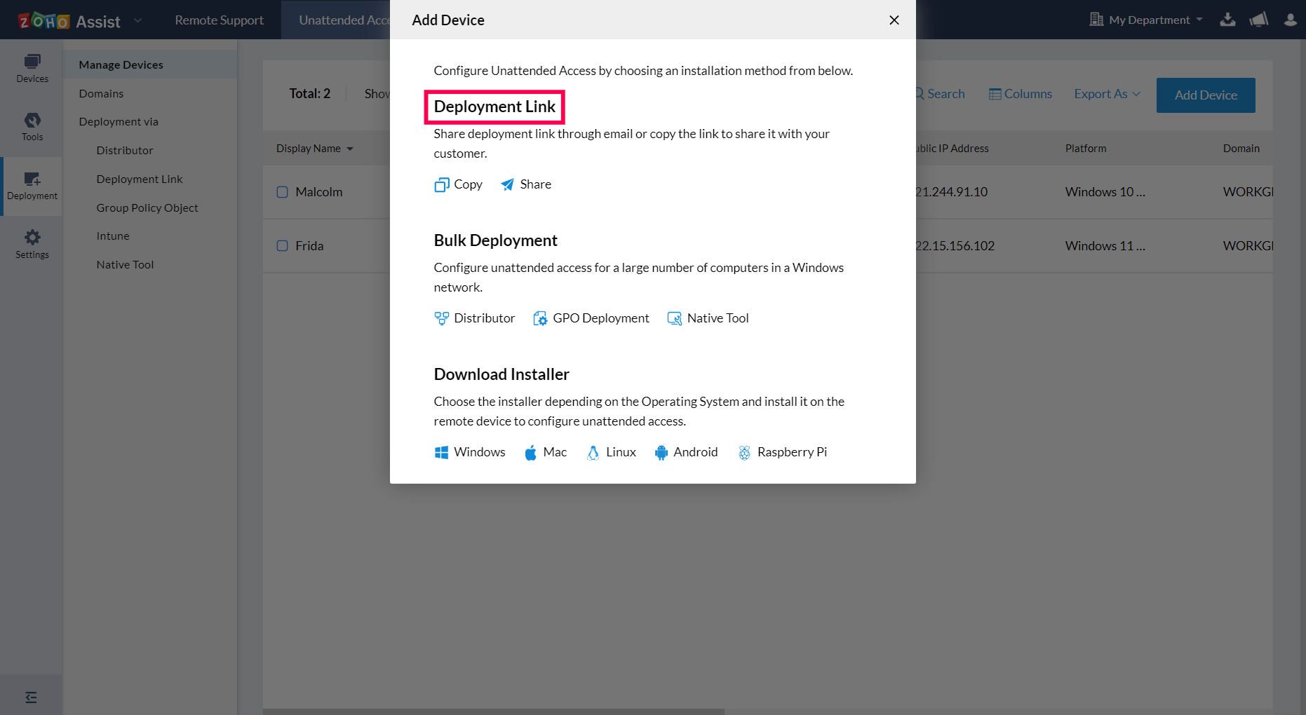 Configure a remote device by Deployment link method, share the link through email or copy the link to share it with the user.