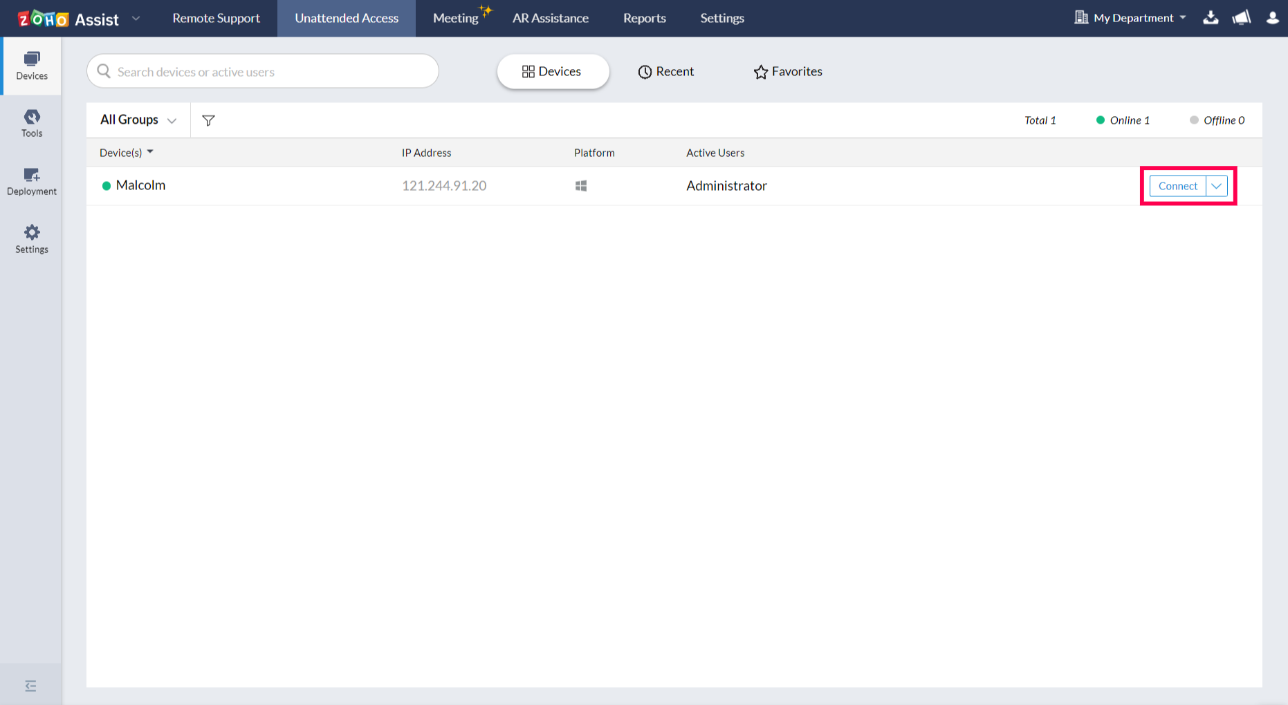 Once configured, the device will be listed in Unattended access. Click Connect beside the device that you want to access.