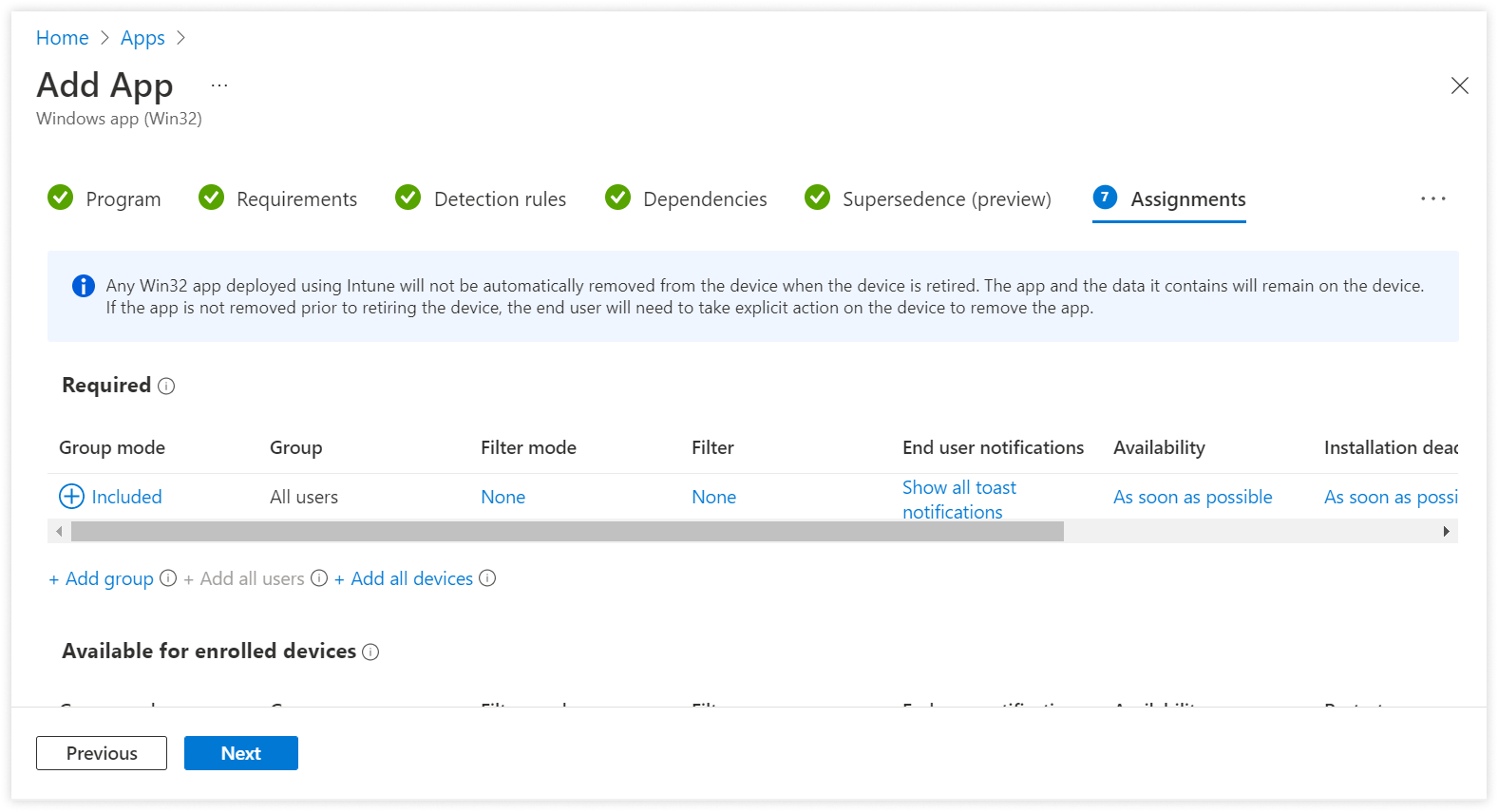 In the Assignments section, under Required, select +Add all users.